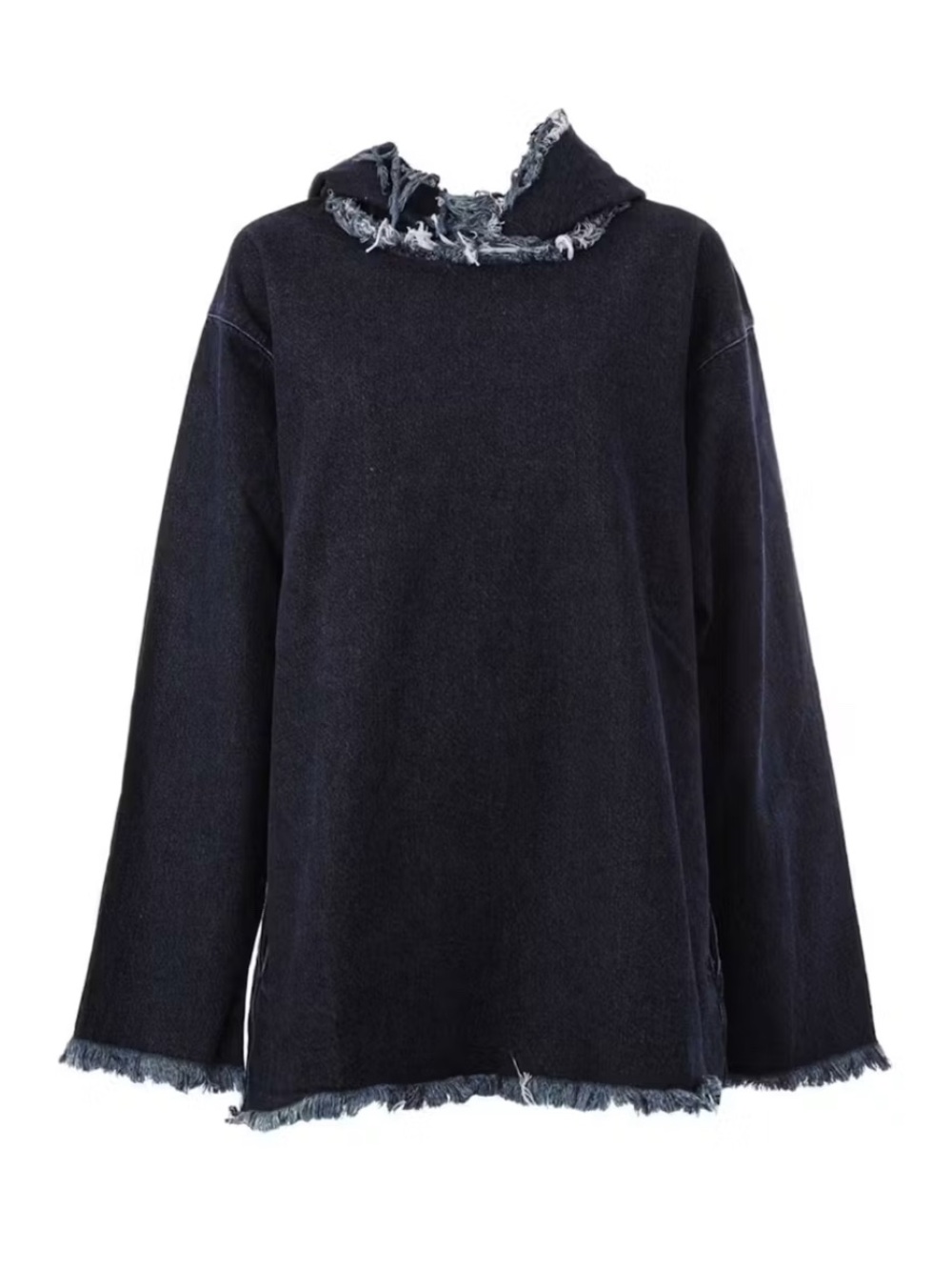 Rihanna Fav - Marques Almeida - Frayed Edge Black Women's denim hoodie Pullover